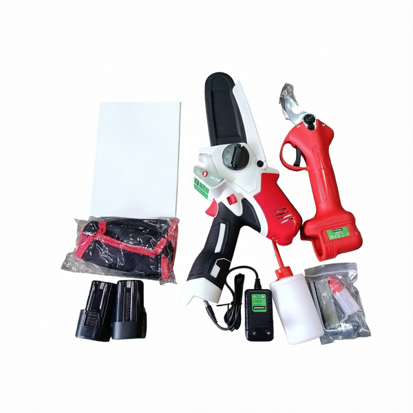 LM043678 Set pruner saw + scissor in black case green lock WITH 2PCS 1.5AH BATTERY WITH 1PC 0.7A CHARGER PRUNER SPECIFICATION Voltage:20V DC Pruner Motor: 300W RS775 Brush Motor Guide Bar:4" 1 4" 0.043" with head sprockt Saw Chain: 4" 1 4" 0.043" 28