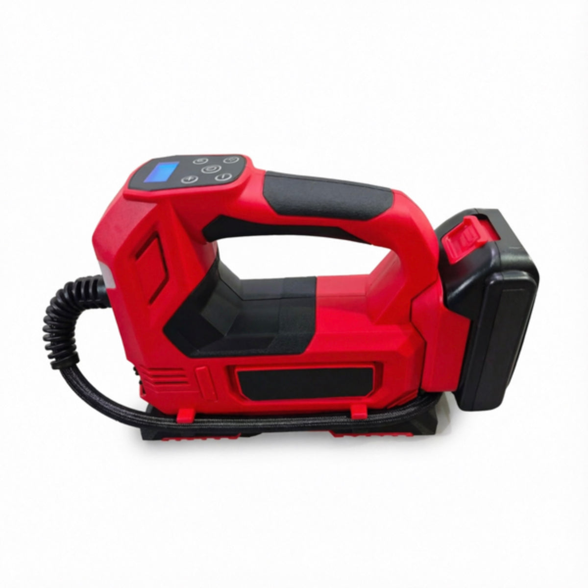 LM043760 INFLATOR PUMP Voltage:18V DC Power : 300W Brush Motor Battery : 2.0AH (2PCS). Unit : PSI Bar Kpa,kg cm2 Air Flow: 25L min Piston : 25MM N.W.: 1.04KGS Meas: 28.5X24.5X10.5cm