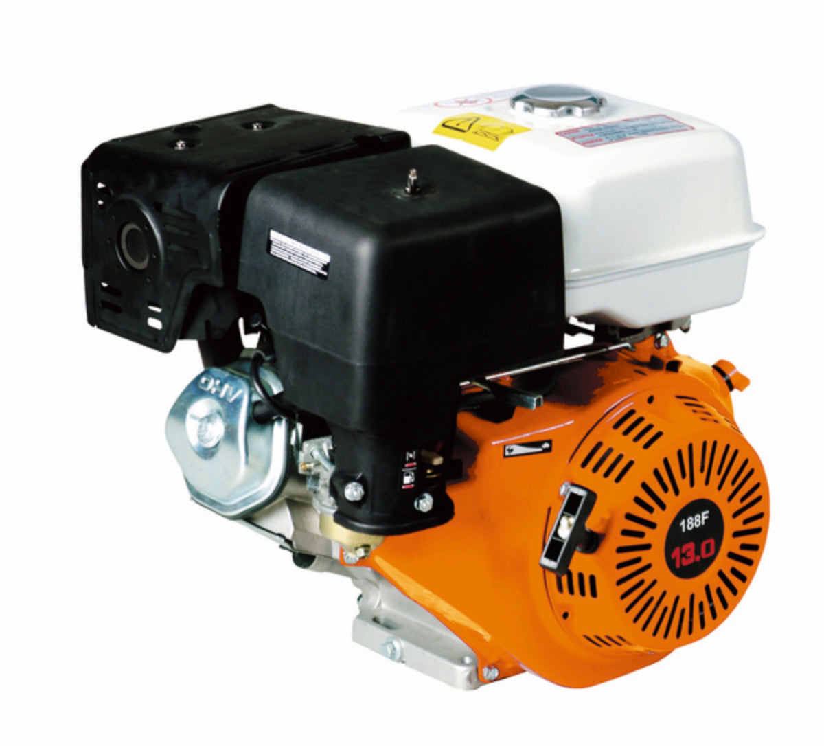 LM044415 GASOLINE ENGINE 13HP Engine type: 4 stroke OHV Displacement:389cc(88x64mm) Max output:13HP 4000RPM Fuel tank capacity:6.5L Starting system:Recoil starting Fuel consumption:340g kw.h Oil capacity:1.1L Dry weight:31kg Dimension:50x40x43.5cm