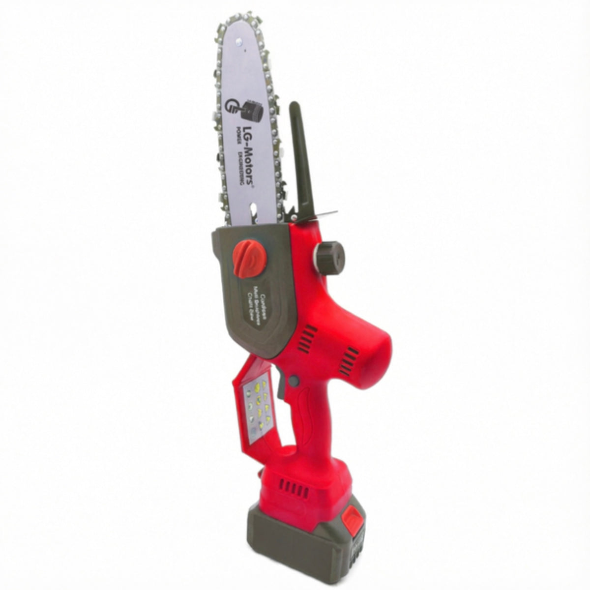 LM043701 LITHIUM PRUNER SAW 7" WITH BL MOTOR Voltage : 21V DC Power : 600W 4820 BL motor Sprocke Rev : 3400RPM Battery : 21V 4.0AH (2PC) Charger : 21V 2.0A Charging Time : 120Min. Chain speed : 8.9M S Guide Bar : 1 4 pitch 8 inch Saw chain : 1 4 pit