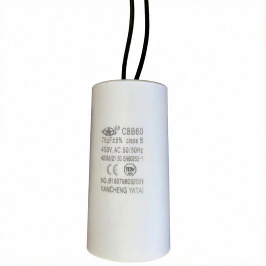 LM043778 CAPACITOR 75 µF Model:CBB60 Diameter:50mm Length:96mm Number of wire:2pcs Condensateur 75 µF Package:1pc pp bag